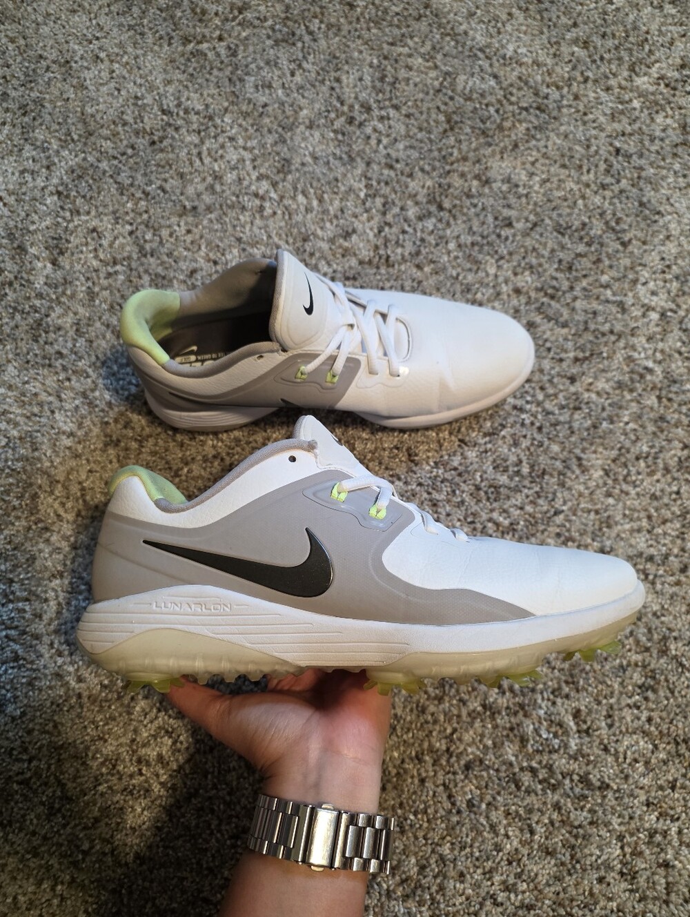 Nike Vapor Pro men's golf shoes in the White/Atmosphere Grey/Volt Glow